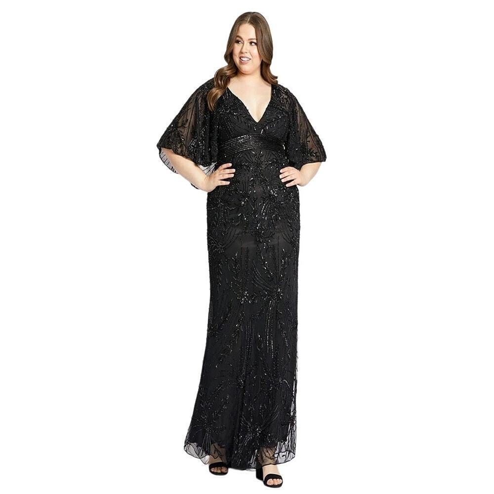 Mac Duggal 5335 Sequin Evening Dress Short Sleeve Black Size 16W NWT